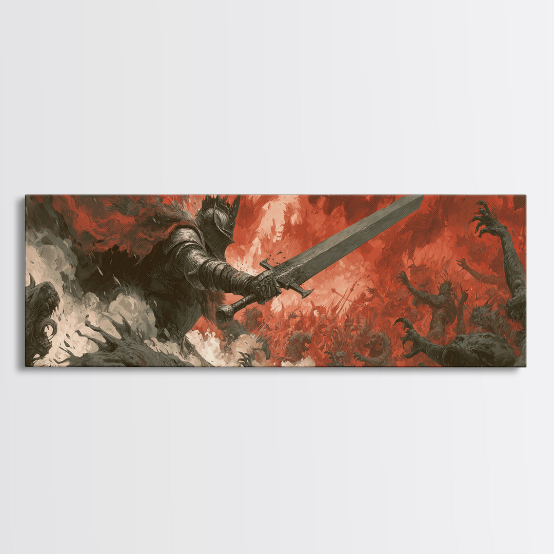 Epic Armored Knight Battling Dark Creatures In Fiery Fury Fantasy Canvas Print For Dramatic Wall Art Decor