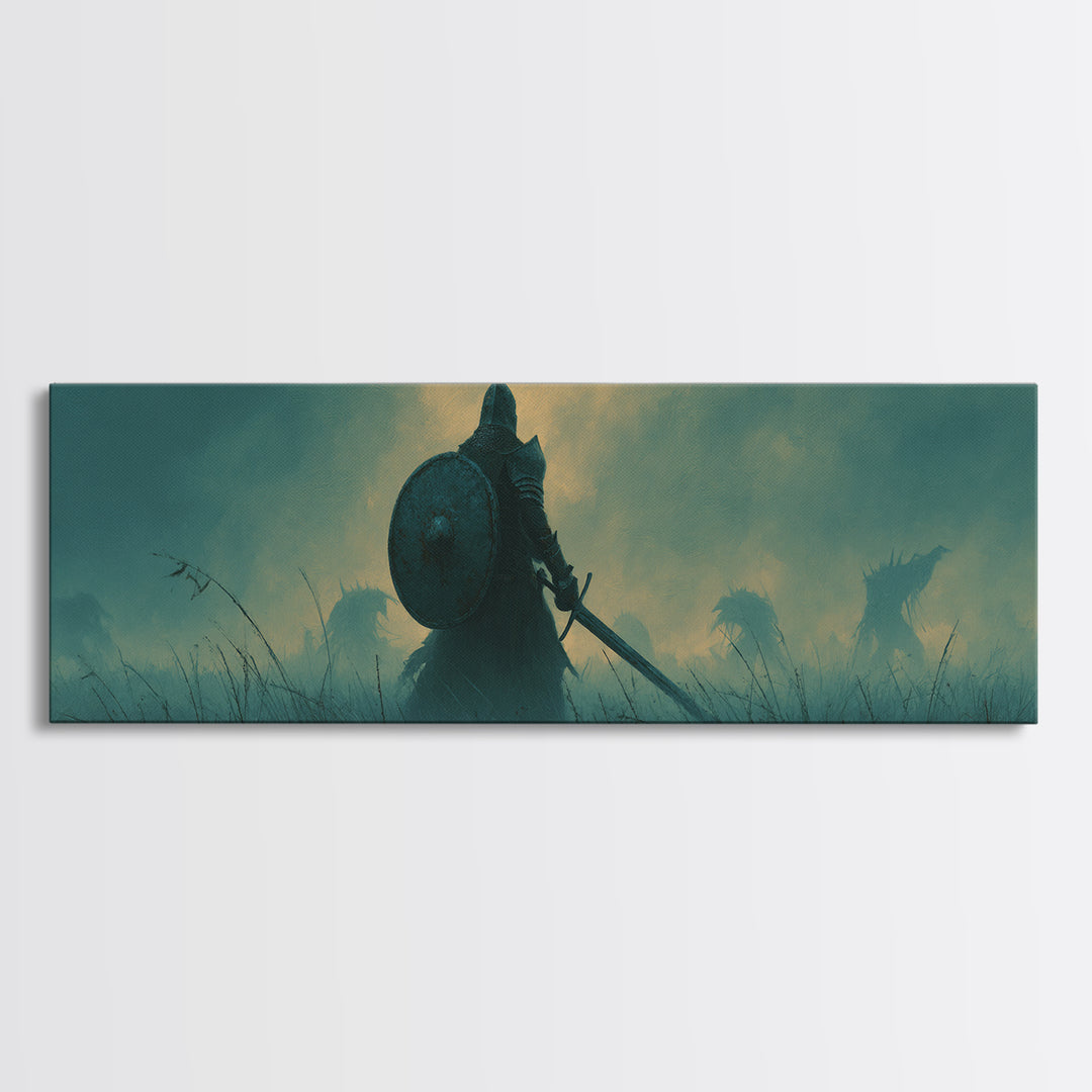 Brave Knight Standing Before Shadowy Dragon Figures Surrounded By Fog Canvas Print Large Wall Art For Dark Fantasy Decor