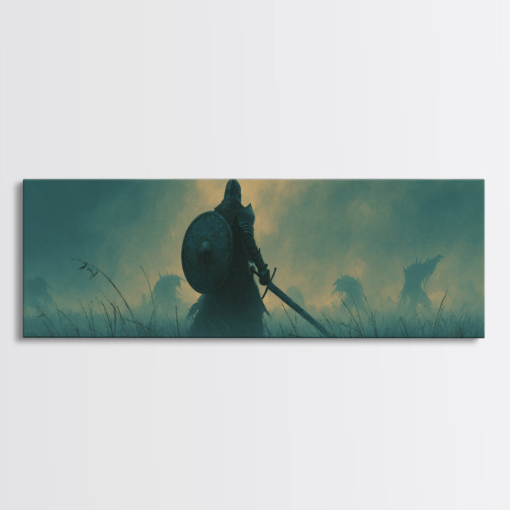 Brave Knight Standing Before Shadowy Dragon Figures Surrounded By Fog Canvas Print Large Wall Art For Dark Fantasy Decor