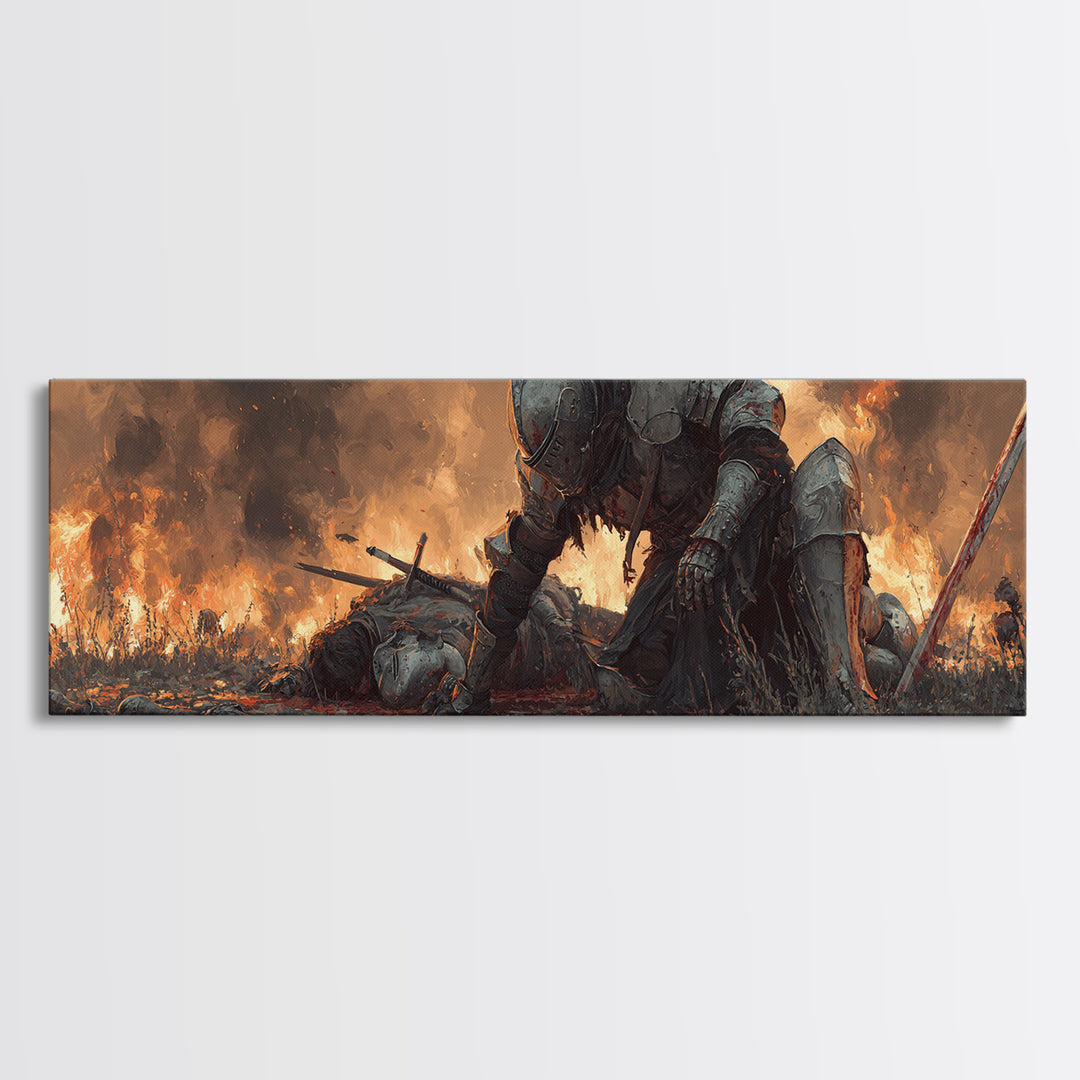 Epic Knight And Fallen Warrior Medieval Battle Scene Dramatic Oil Painting Style Wall Art Canvas Print