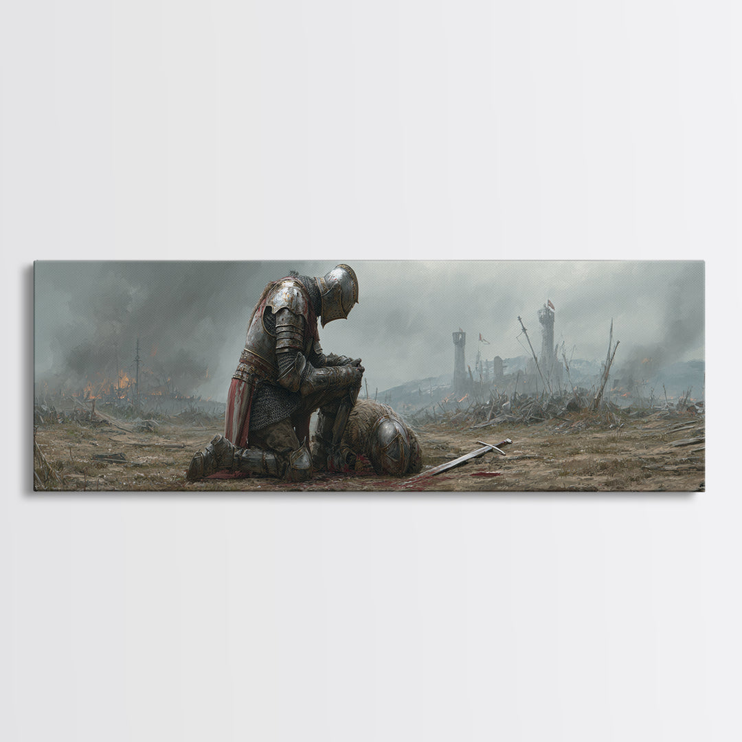 Medieval Knight Mourning Fallen Comrade Battlefield Scene Oil Painting Canvas Print Wall Art For Decor