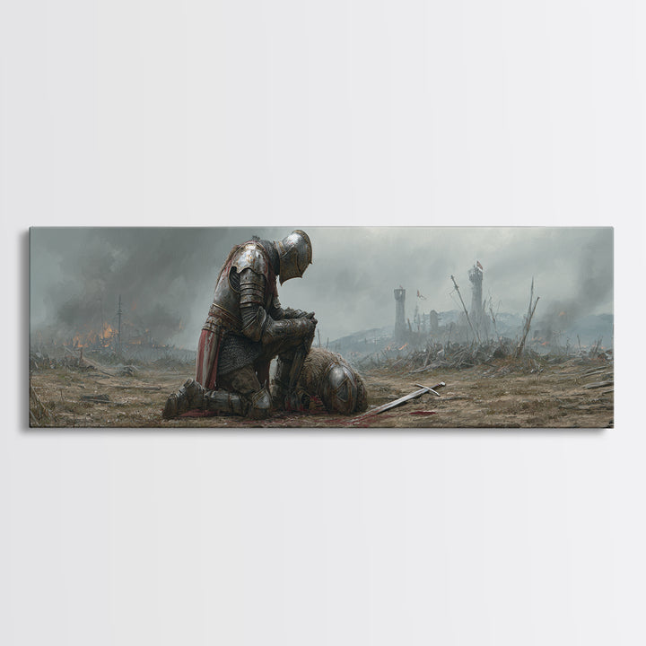 Medieval Knight Mourning Fallen Comrade Battlefield Scene Oil Painting Canvas Print Wall Art For Decor