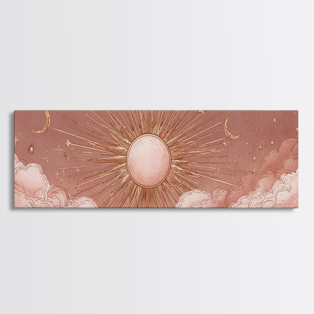 Rose Gold Sun And Twin Moons Wall Art, Celestial Wall Decor, Boho Bedroom Decor, Mystical Large Horizontal Framed Canvas Print