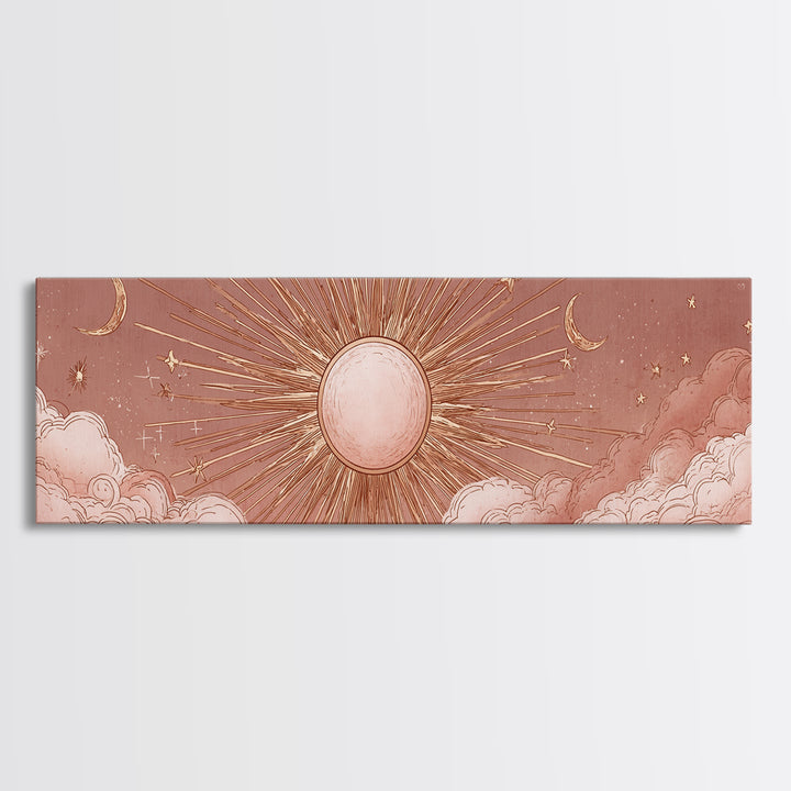 Rose Gold Sun And Twin Moons Wall Art, Celestial Wall Decor, Boho Bedroom Decor, Mystical Large Horizontal Framed Canvas Print