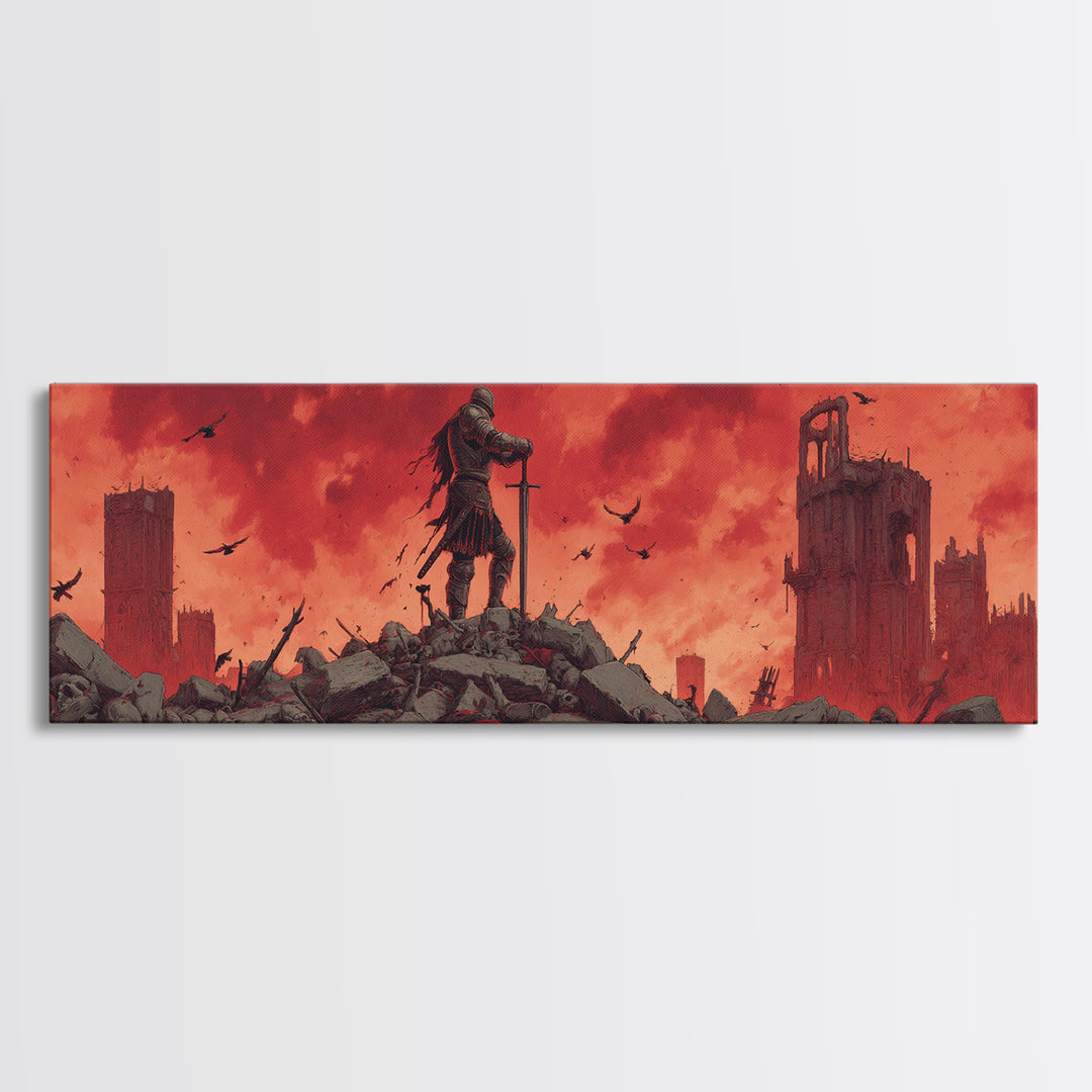 Epic Knight On Battlefield Amid Ruins With Dramatic Red Sky Wall Art Framed Canvas Print For Medieval Decor