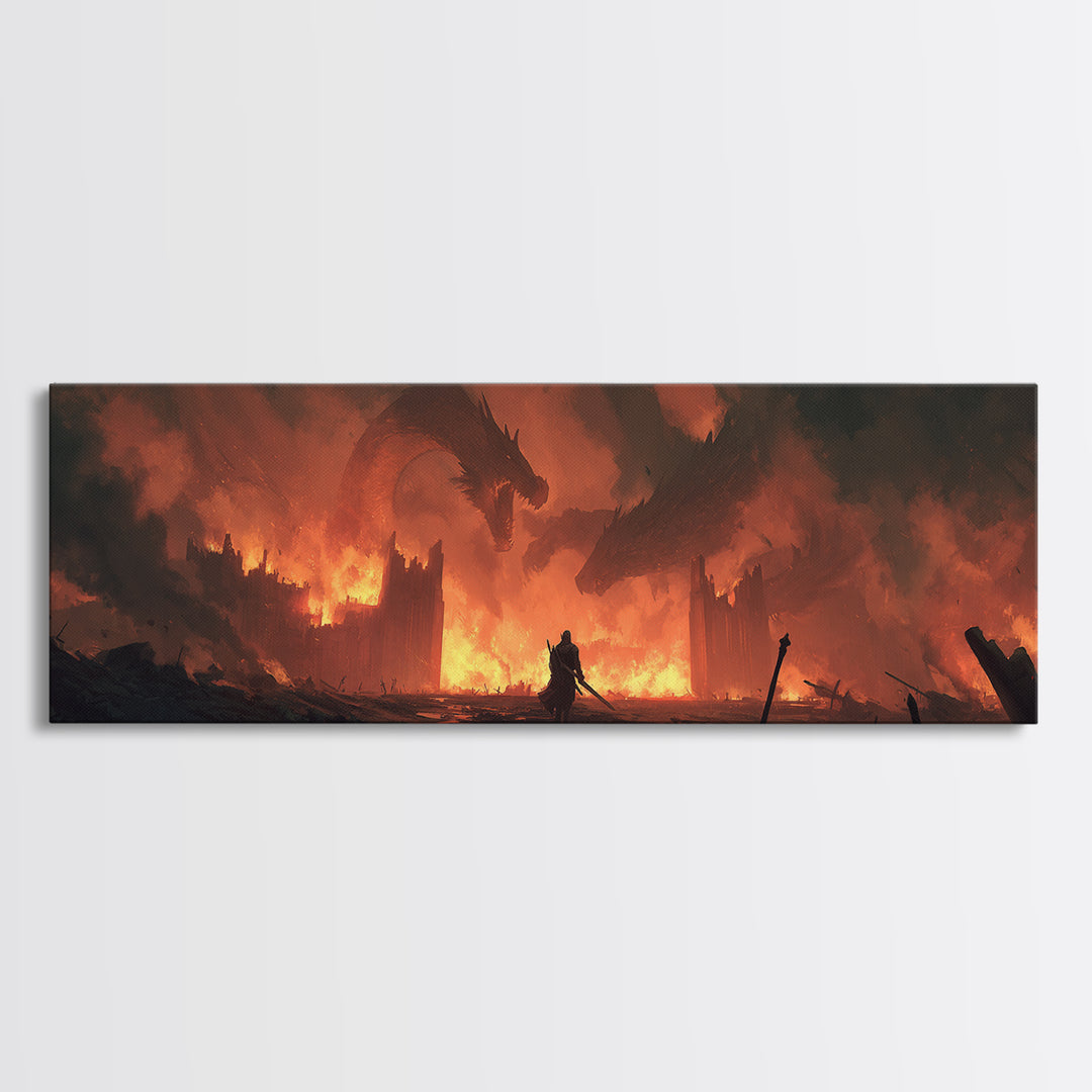 Epic Fantasy Warrior In Fiery Castle With Dragons Wall Art Canvas Print For Game Room Or Bedroom Decor