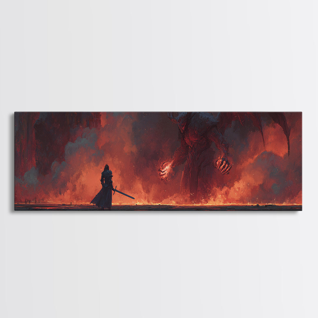 Heroic Fantasy Knight Facing Fiery Demon In Epic Battle Scene Wall Art Framed Canvas Print For Game Room, Bedroom, Or Fantasy Art Collectors Gift
