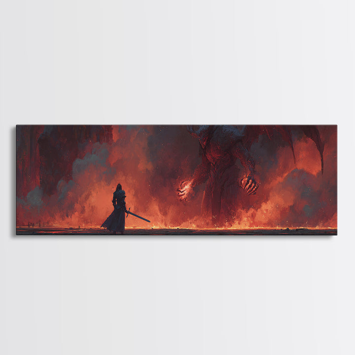 Heroic Fantasy Knight Facing Fiery Demon In Epic Battle Scene Wall Art Framed Canvas Print For Game Room, Bedroom, Or Fantasy Art Collectors Gift