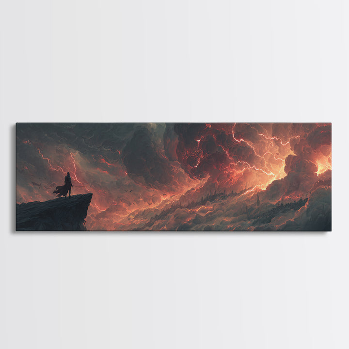 Epic Fantasy Warrior Standing On Cliff Amid Intense Fiery Sky - Dramatic Fantasy Wall Art Canvas Print For Bold Home Decor