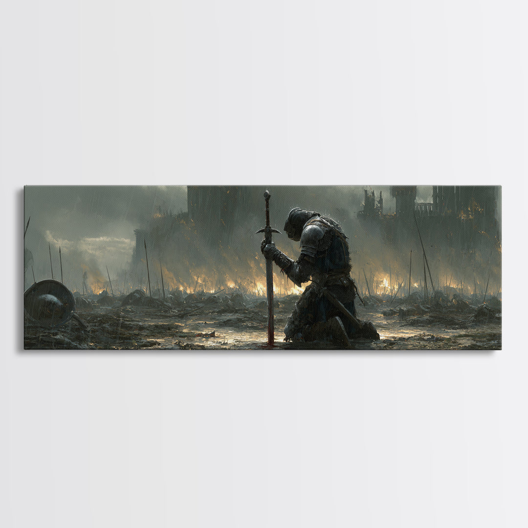 Medieval Knight Kneeling On Battlefield In Rain With Flaming Castle Background Dramatic Wall Art Canvas Print