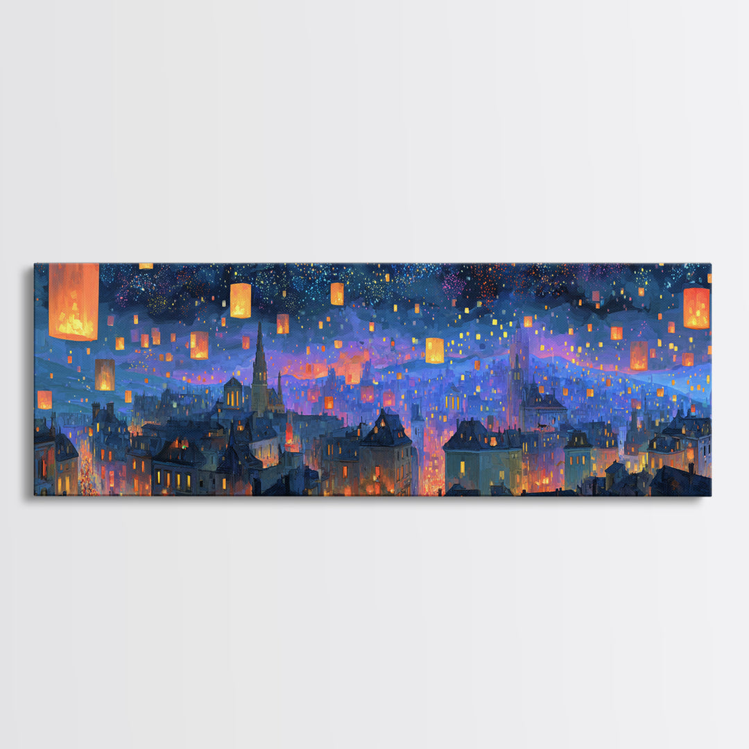 Magical City Skyline With Floating Lanterns And Twinkling Stars Wall Art For Home
