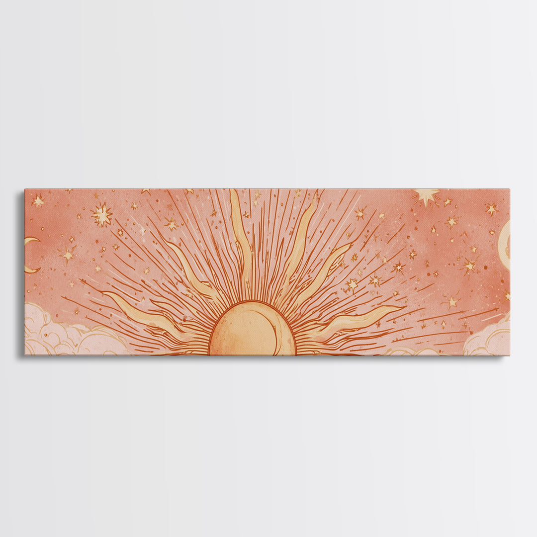 Radiant Orange Sun With Crescent Moons Wall Art, Celestial Wall Decor, Boho Sun And Moon Art, Large Horizontal Canvas Print