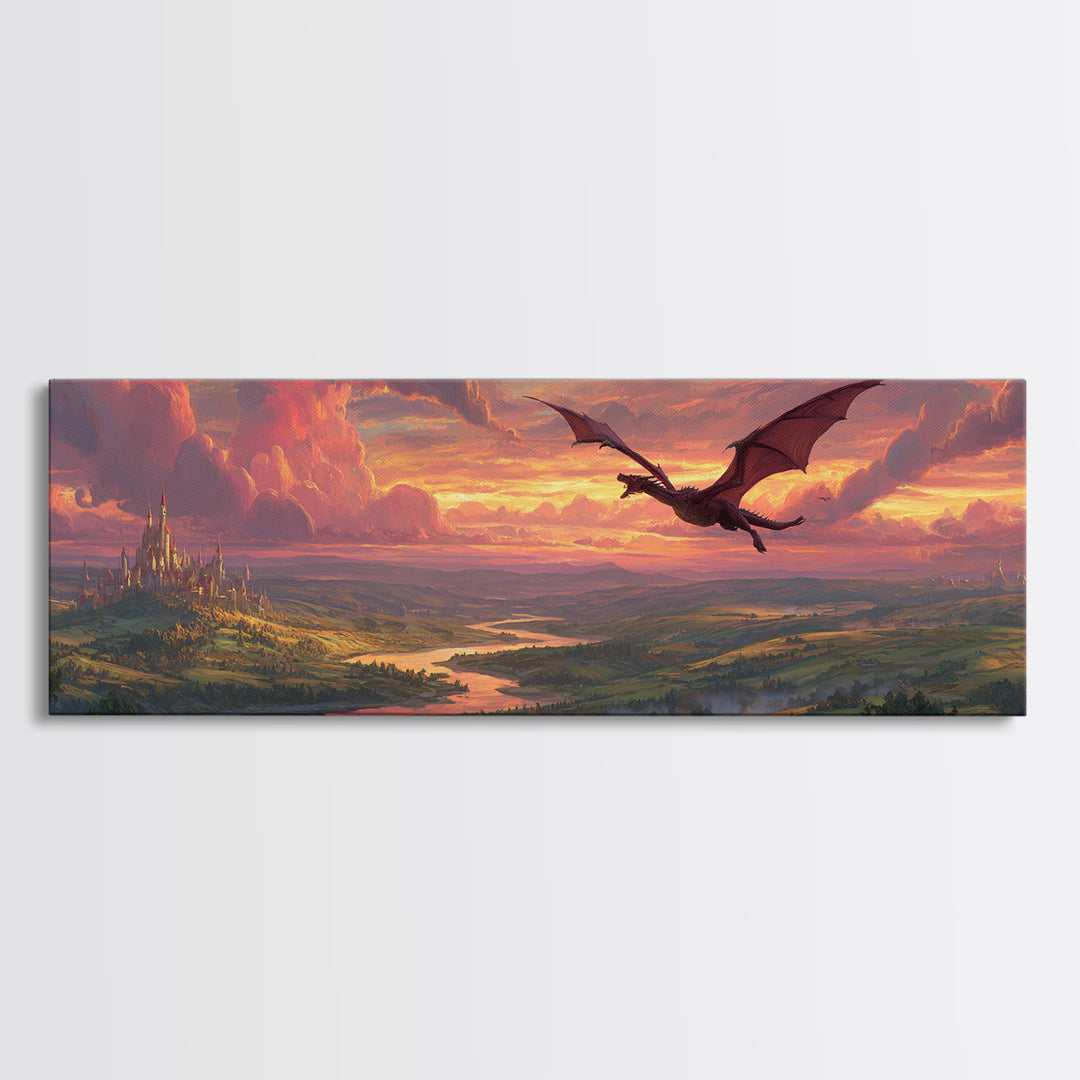 Epic Fantasy Landscape Painting Of A Castle On Hill With A Flying Dragon Under Dramatic Sunset Skies Wall Art