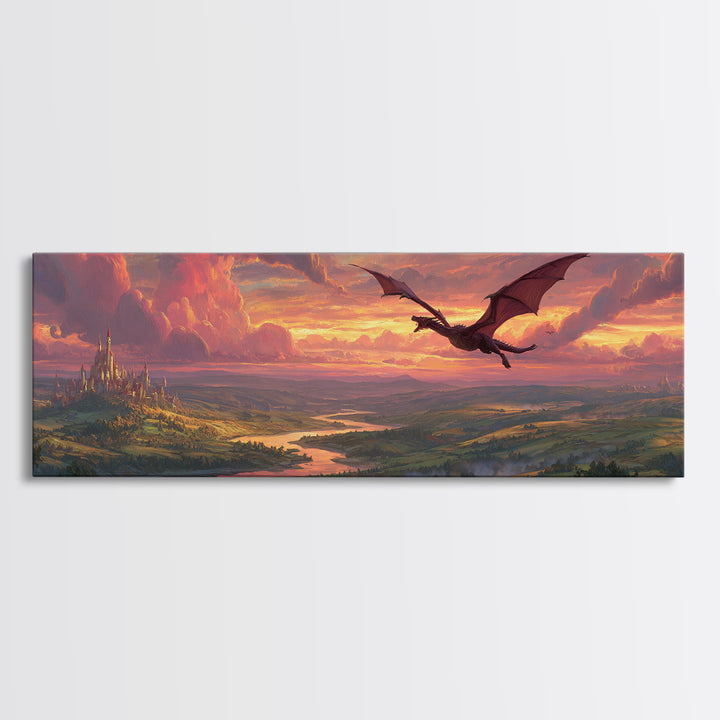 Epic Fantasy Landscape Painting Of A Castle On Hill With A Flying Dragon Under Dramatic Sunset Skies Wall Art
