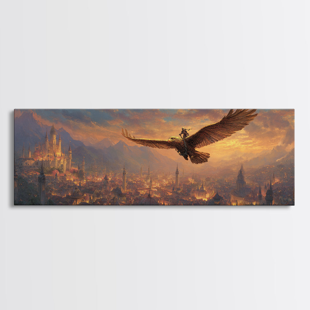 Majestic Castle Landscape With Giant Eagle And Rider At Sunrise Canvas Print Modern Wall Art For Living Room Decor