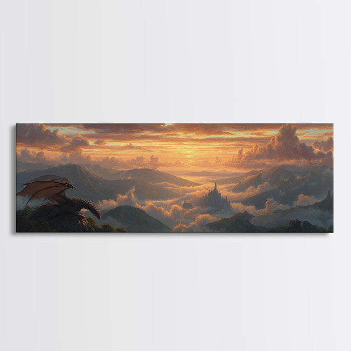 Epic Fantasy Scene With Dragon Flying Over Mountain Landscape At Sunset Large Wall Art Canvas Print For Bedroom Decor