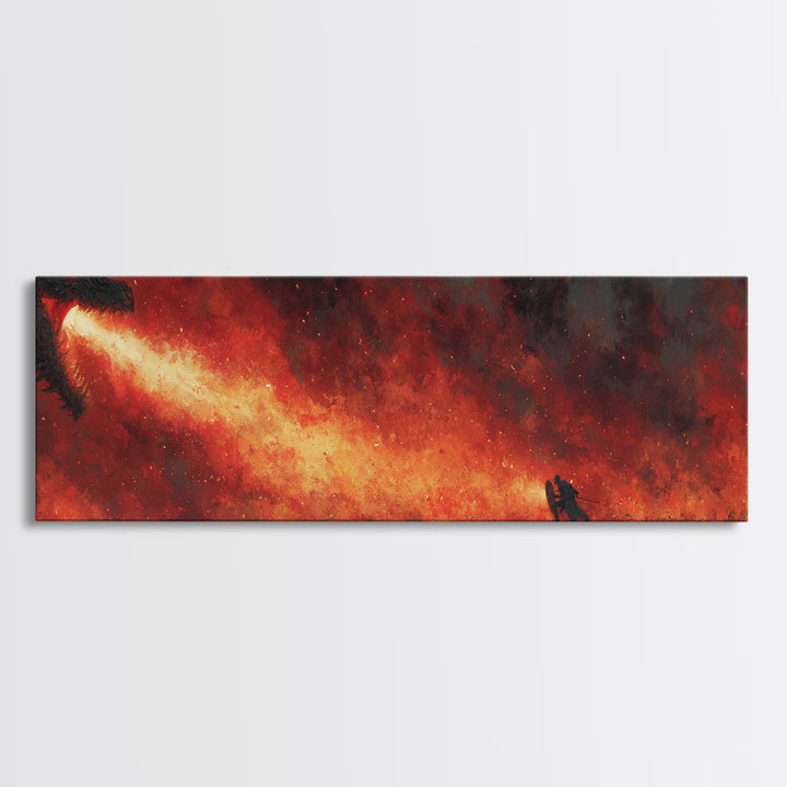 Epic Fantasy Dragon Breathing Fire At Warrior In Armor Wall Art Canvas Print Dramatic Mythical Battle Scene For Game Room Or Man Cave Home Decor