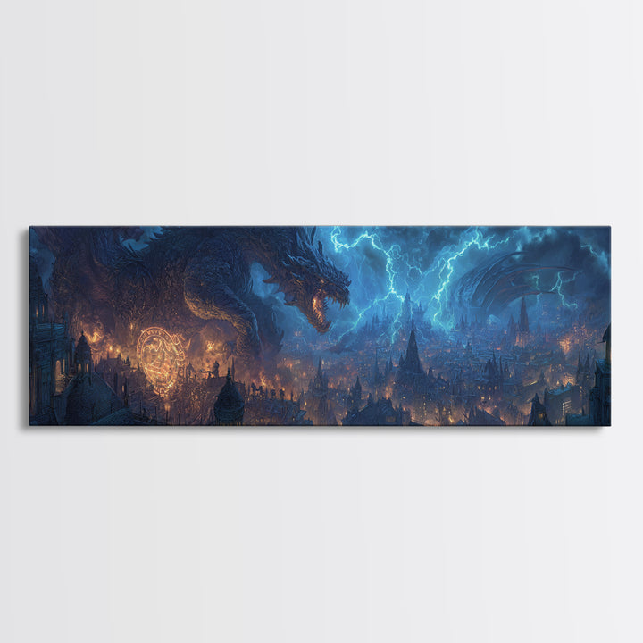 Epic Dragon Breathing Lightning Over Medieval Cityscape Wall Art Dramatic Fantasy Canvas Print Home Decor
