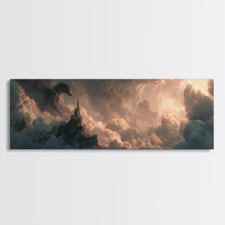 Dark Dragon Castle In Storm Clouds Canvas Print, Epic Fantasy Wall Art, Gothic Decor, Surreal Art, Gift For Gamer, Gaming Room Decor