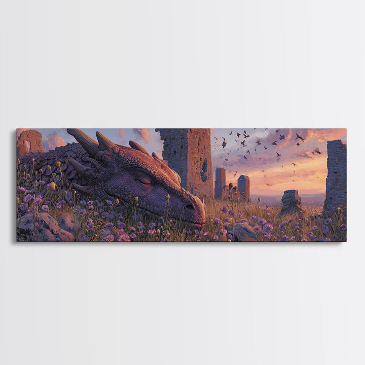 Sleeping Dragon Among Purple Wildflowers With Ancient Ruins Wall Art Print Magical Fantasy Canvas Print