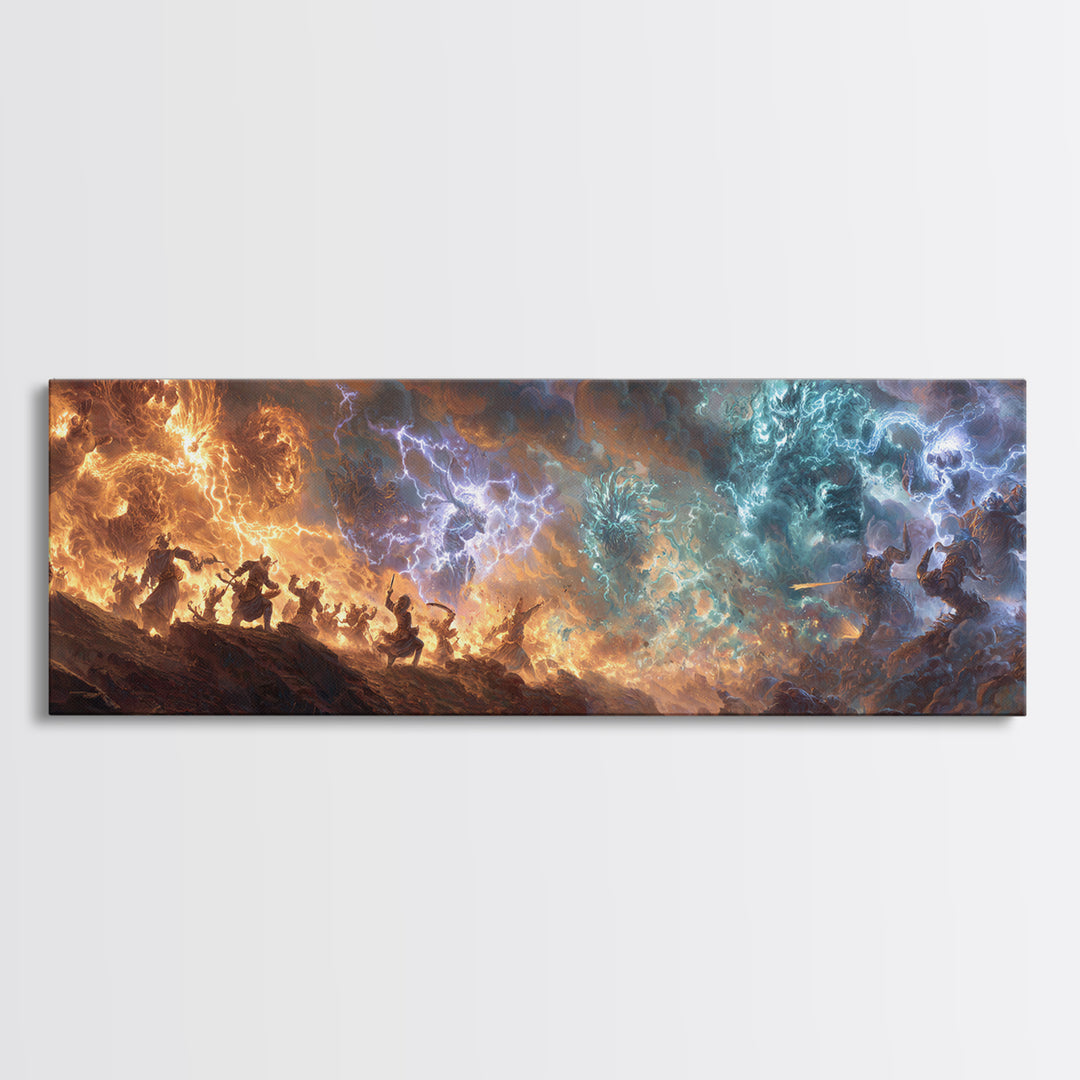 Dynamic Battle Scene Lightning Storm Fantasy Epic War Painting Wall Art Canvas Print For Mythical Home Decor And Unique Art Lovers