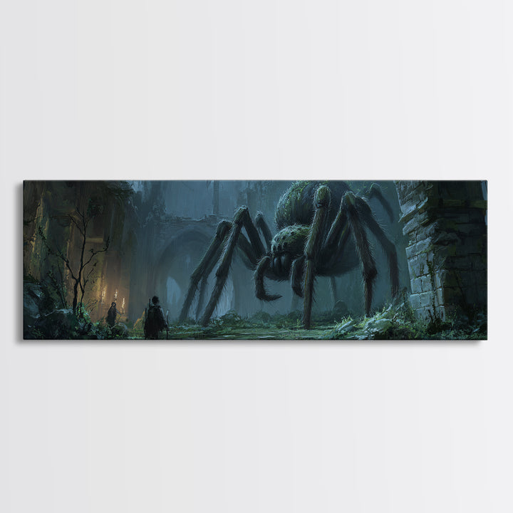Giant Spider In Ancient Ruins With Adventurers, Dark Fantasy Illustration Wall Art Print, Framed Canvas Print For Gothic And Fantasy Decor