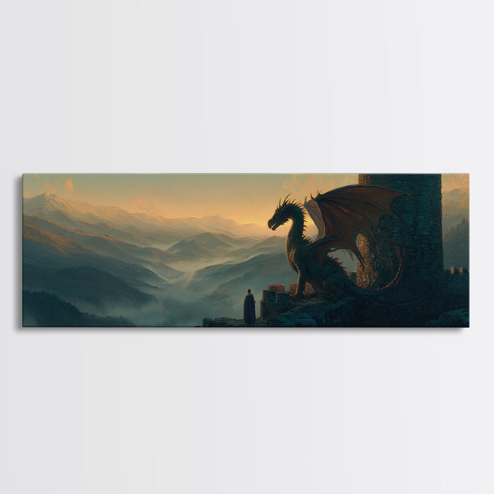 Mystical Scene Of Hooded Figure Facing Dragon On Rocky Ledge Above Foggy Valleys Fantasy Wall Art Canvas Print