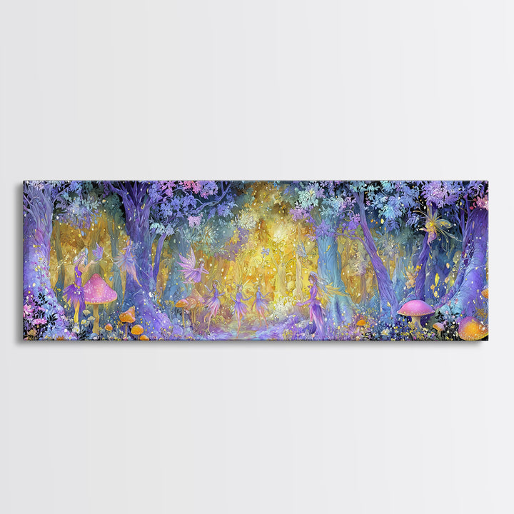 Enchanting Forest Fairy Dance With Magical Mushrooms And Glowing Lights Whimsical Wall Art Framed Canvas Print