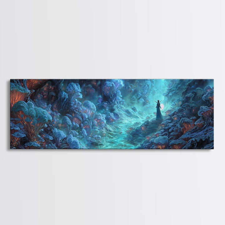 Surreal Fantasy Glowing Cave With Blue Mushroom Forest Wall Art Canvas Print For Mystical Decor And Unique Gift Ideas