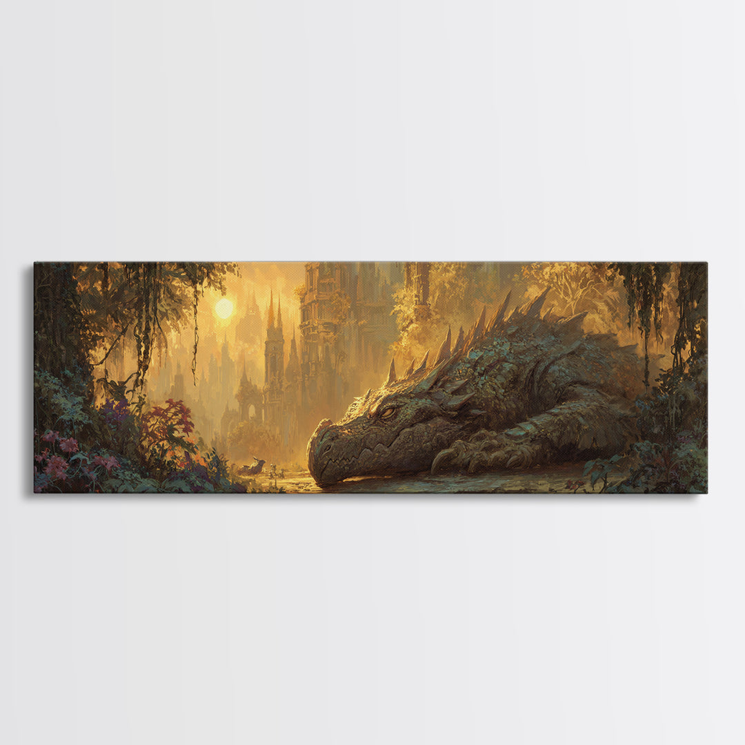 Fantasy Dragon Resting Peacefully In Enchanted Forest With Castle - Magical Fantasy Wall Art Canvas Print For Unique Home Decor