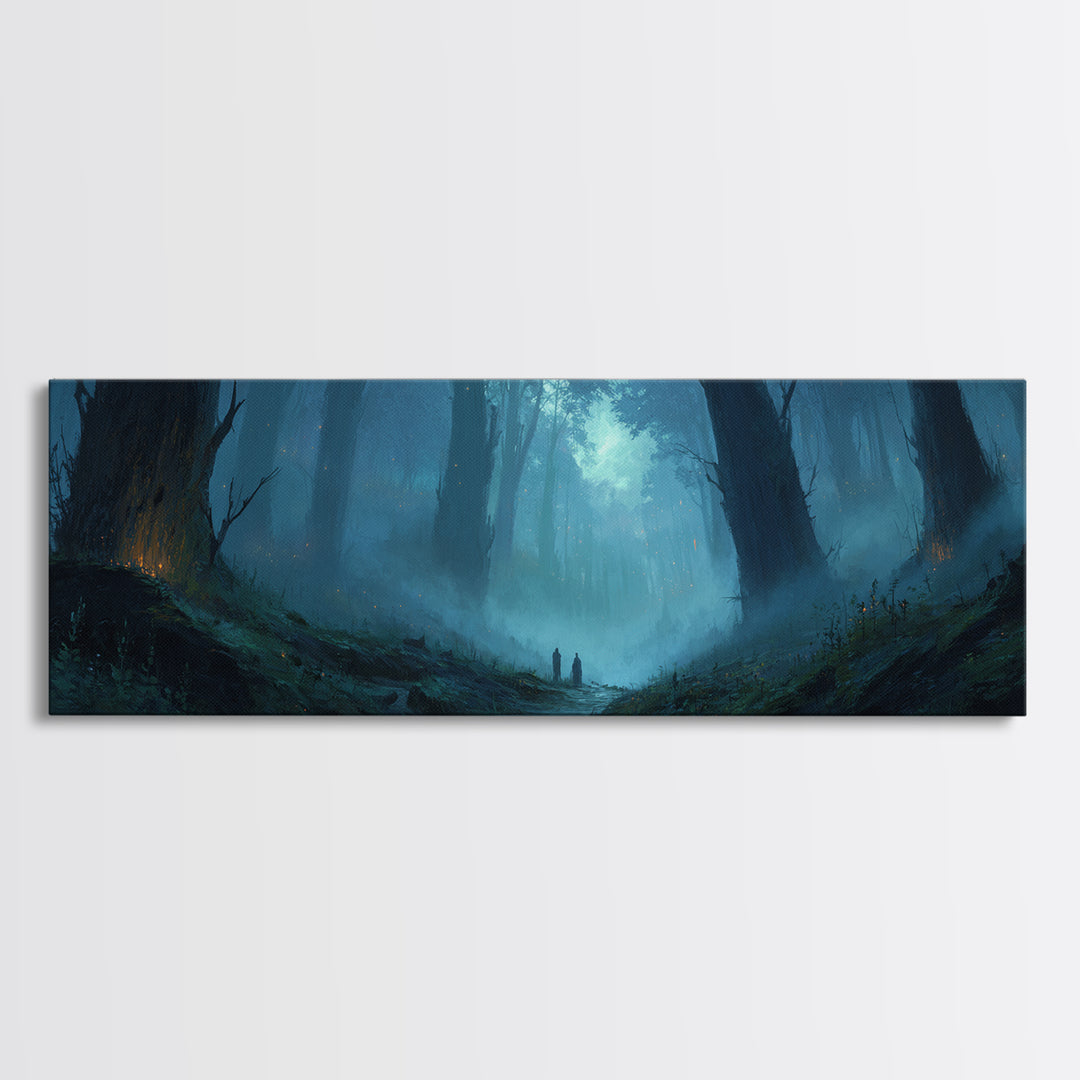 Atmospheric Misty Woodland With Two Figures Walking Through Foggy Forest - Moody Wall Art Canvas Print For Living Room And Bedroom Decor