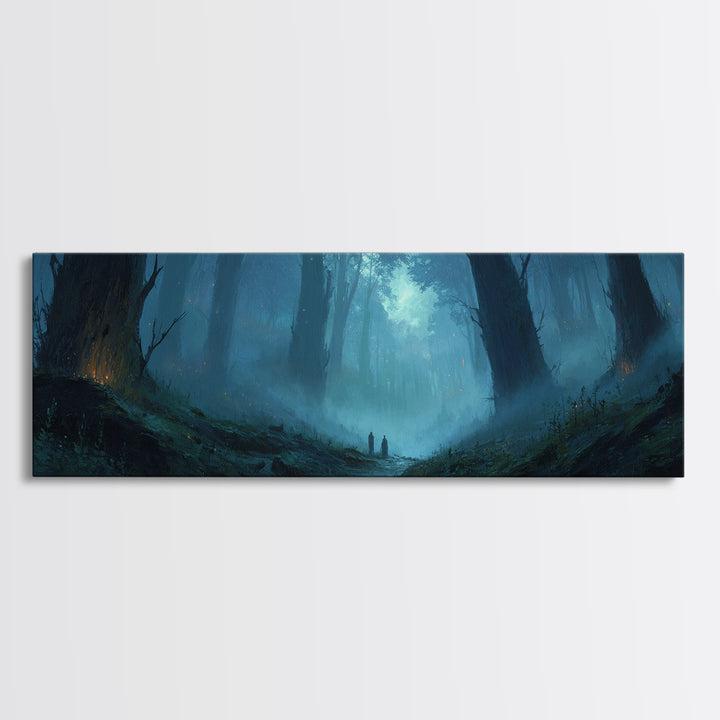 Atmospheric Misty Woodland With Two Figures Walking Through Foggy Forest - Moody Wall Art Canvas Print For Living Room And Bedroom Decor