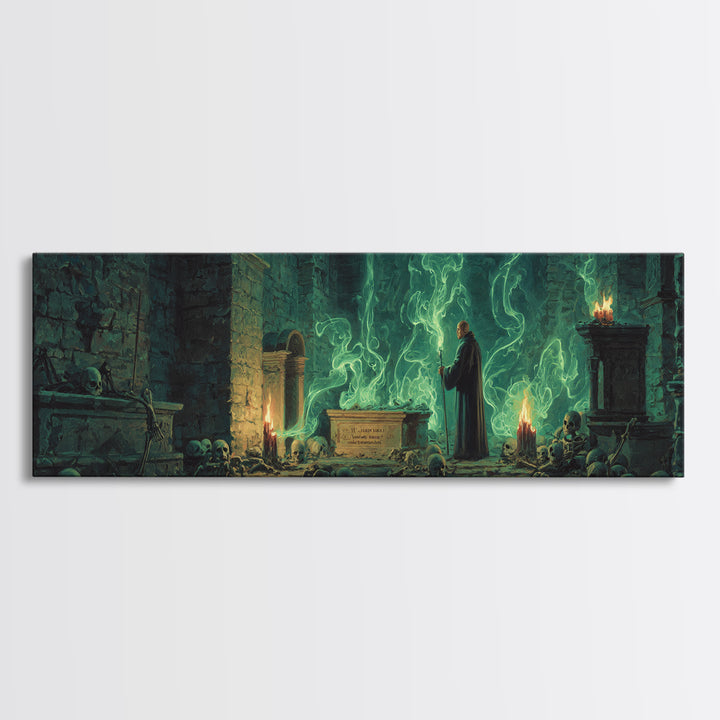 Mystical Wizard In Ancient Crypt With Glowing Green Flames Wall Art Modern Fantasy Decor Framed Canvas Print Unique Gift