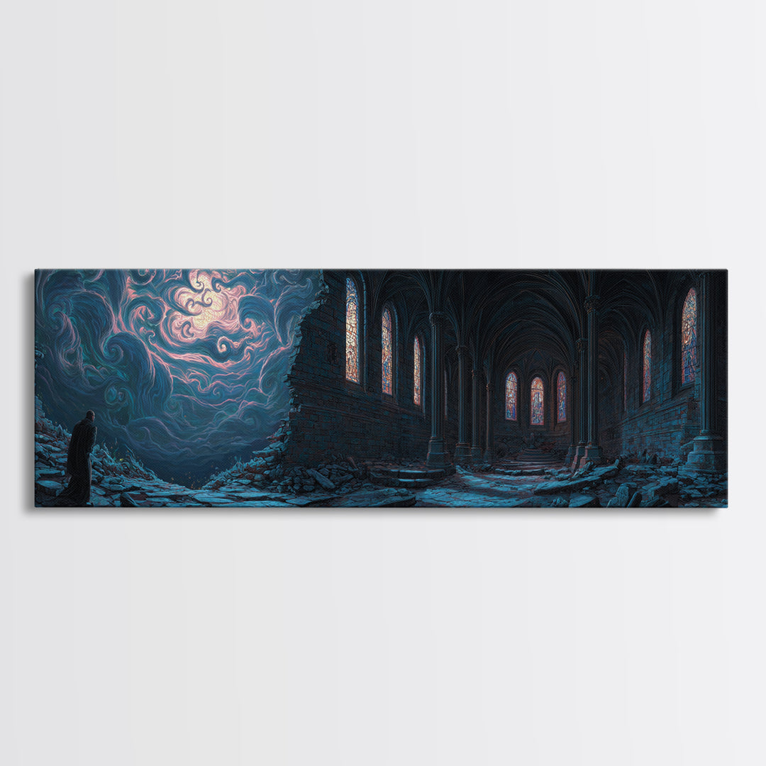 Majestic Ruined Gothic Church Scene At Night Fantasy Art Canvas Print For Dark Academia Wall Decor And Mystical Room Art