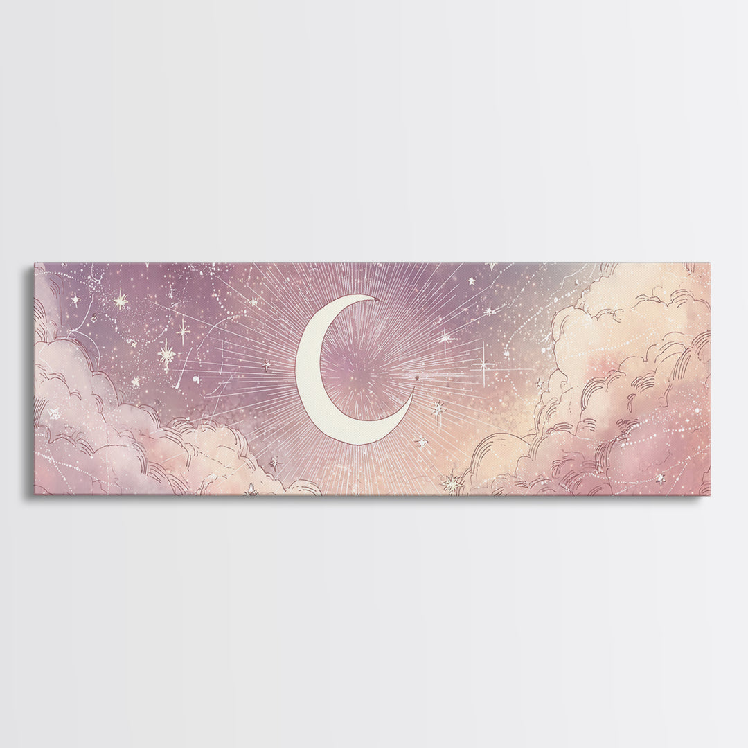White Crescent Moon Over Pink Clouds Wall Art, Whimsical Celestial Nursery Decor, Dreamy Bedroom Decor, Framed Canvas Print
