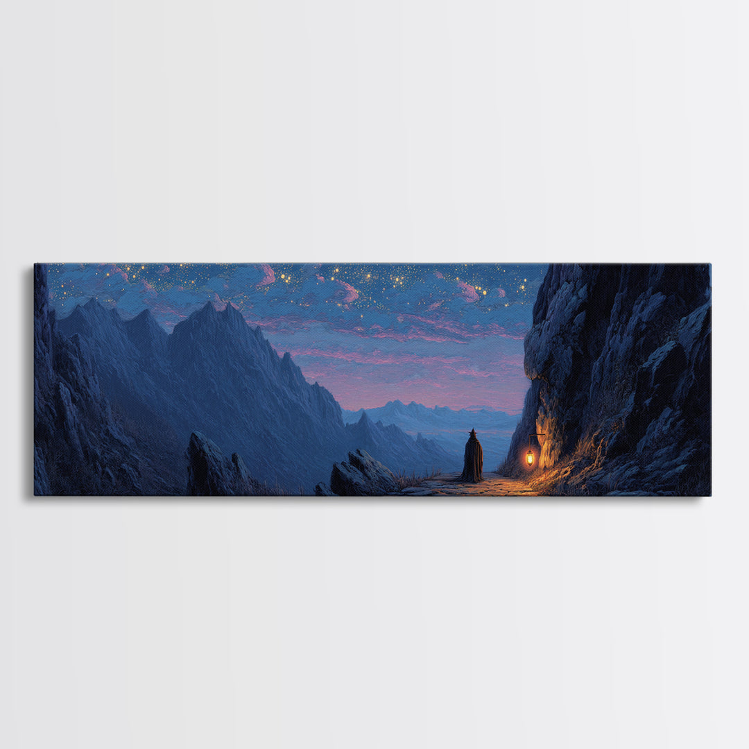 Mystical Knight Under Starry Night Sky Landscape Wall Art Framed Canvas Print For Fantasy Home Decor