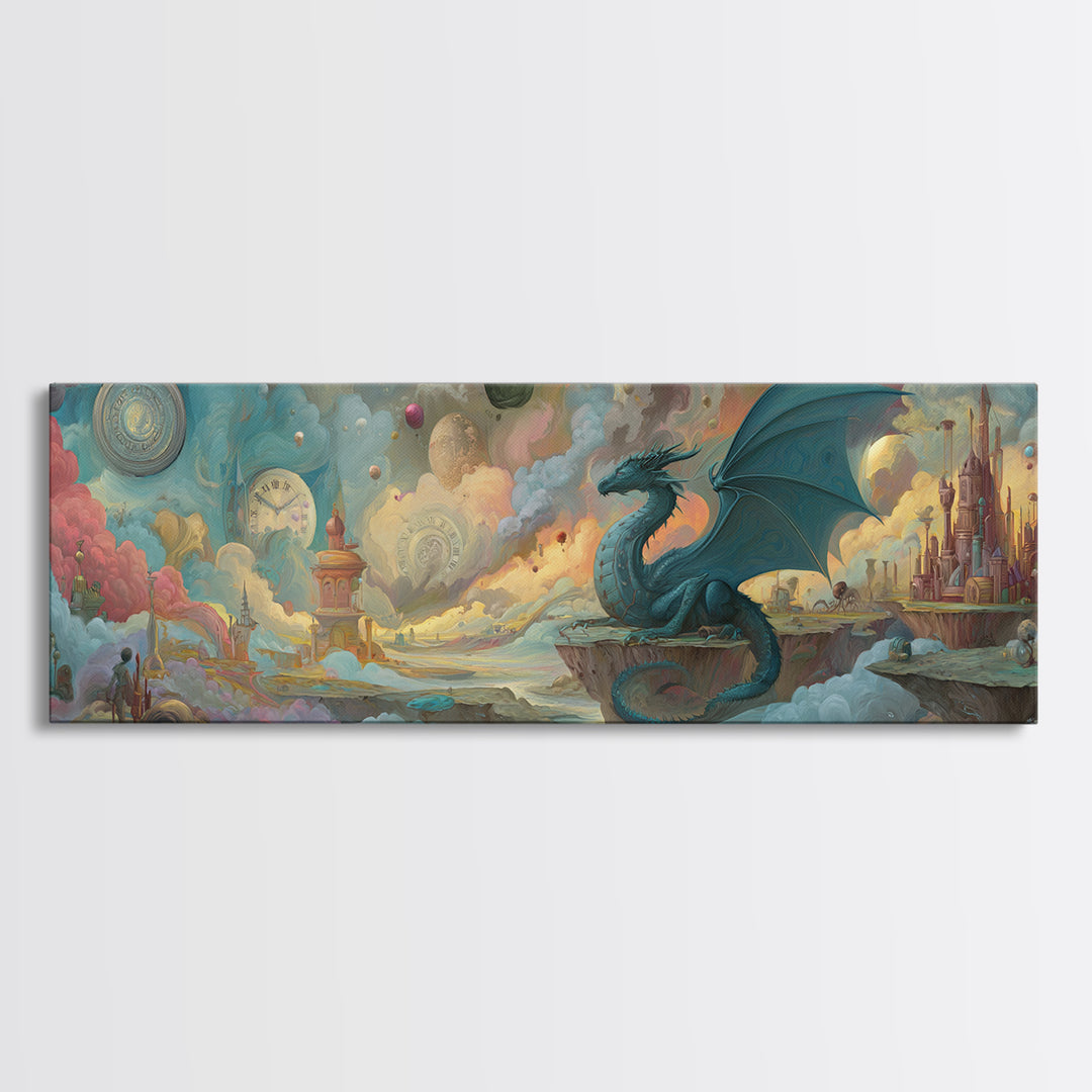 Majestic Blue Dragon Sitting On Floating Islands In Surreal Fantasy Landscape Wall Art Poster Print