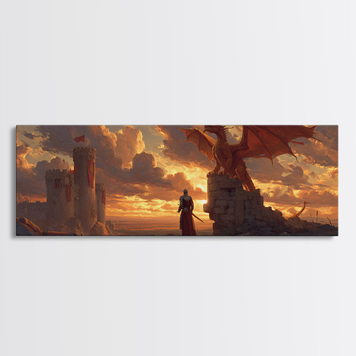 Majestic Dragon And Knight Battle At Castle Digital Fantasy Painting Framed Canvas Print For Magical Wall Art Home Decor
