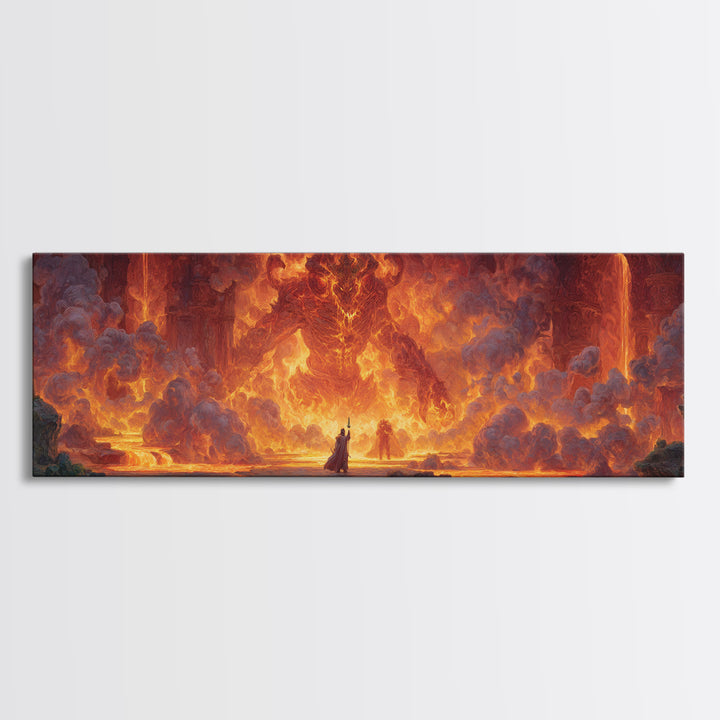 Fire Elemental Giant Facing Brave Warrior In Fiery Landscape Canvas Print Bold Large Wall Art For Dramatic Home Decor