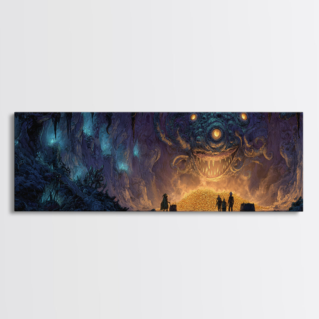 Fantasy Dungeon Scene With Beholder And Adventurers Original Illustration Wall Art Canvas Print For Gamers And Game Room Decor