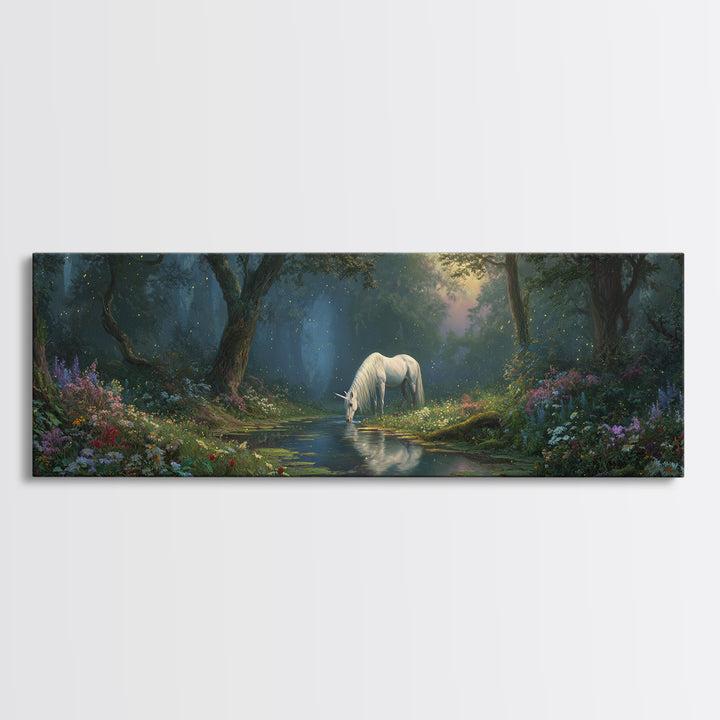 Magical Forest Unicorn Drinking From Stream With Enchanting Light Wall Art Framed Canvas Print For Fantasy Decor Kids Room
