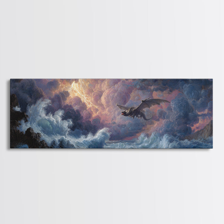 Stormy Seascape With Dragon Emerging From Ocean Waves Fantasy Wall Art Framed Canvas Print For Living Room Decor