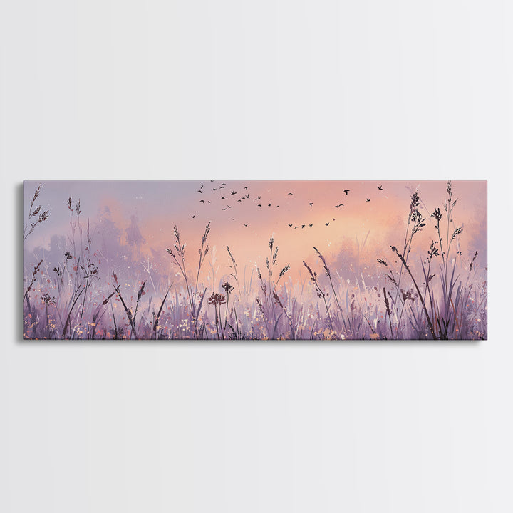 Lavender Wildflower Meadow At Sunset Wall Art, Pastel Nature Wall Decor, Calming Bedroom Decor, Large Horizontal Canvas Print
