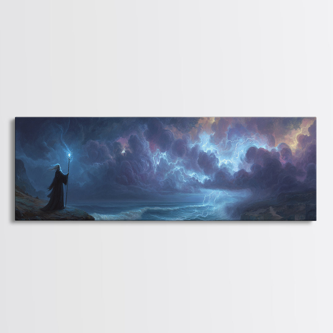 Epic Fantasy Wizard Holding Staff In Stormy Coastal Landscape - Magical Fantasy Wall Art Canvas Print For Mystical Room Decor