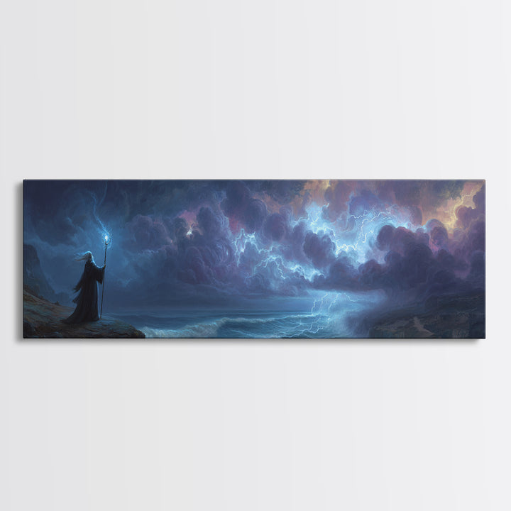 Epic Fantasy Wizard Holding Staff In Stormy Coastal Landscape - Magical Fantasy Wall Art Canvas Print For Mystical Room Decor