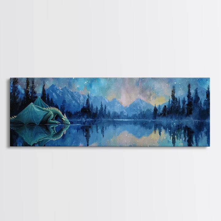 Serene Dragon By Moonlight Drinking From Crystal Lake Amid Starry Sky Framed Canvas Print Fantasy Wall Art