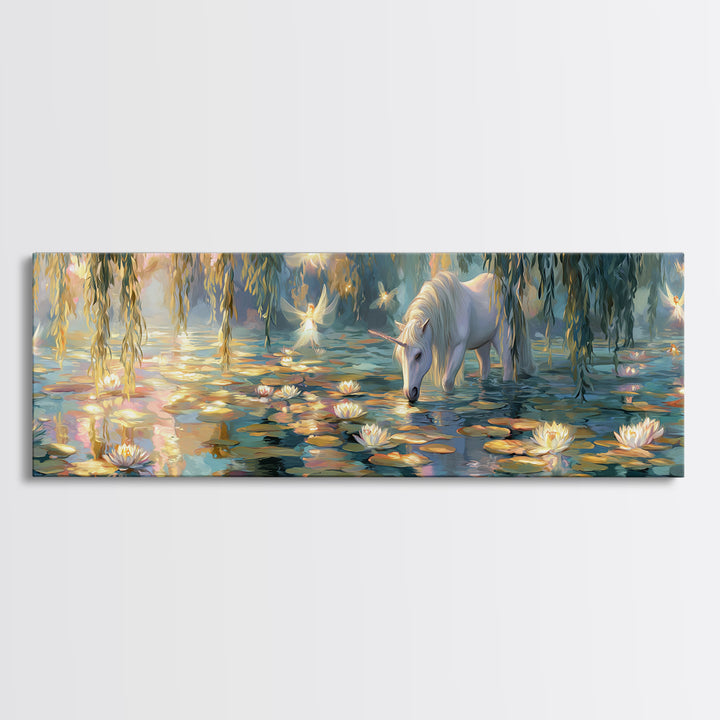 Fairy Tale Unicorn In Ethereal Lily Pond With Glowing Fairies - Whimsical Wall Art Framed Canvas Print For Nursery And Bedroom Decor