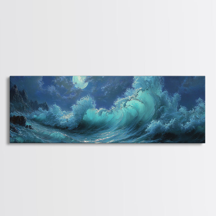 Wave Crash Under Moonlight Oil Painting Wall Art Moody Seascape Canvas Print For Coastal Living Room Decor