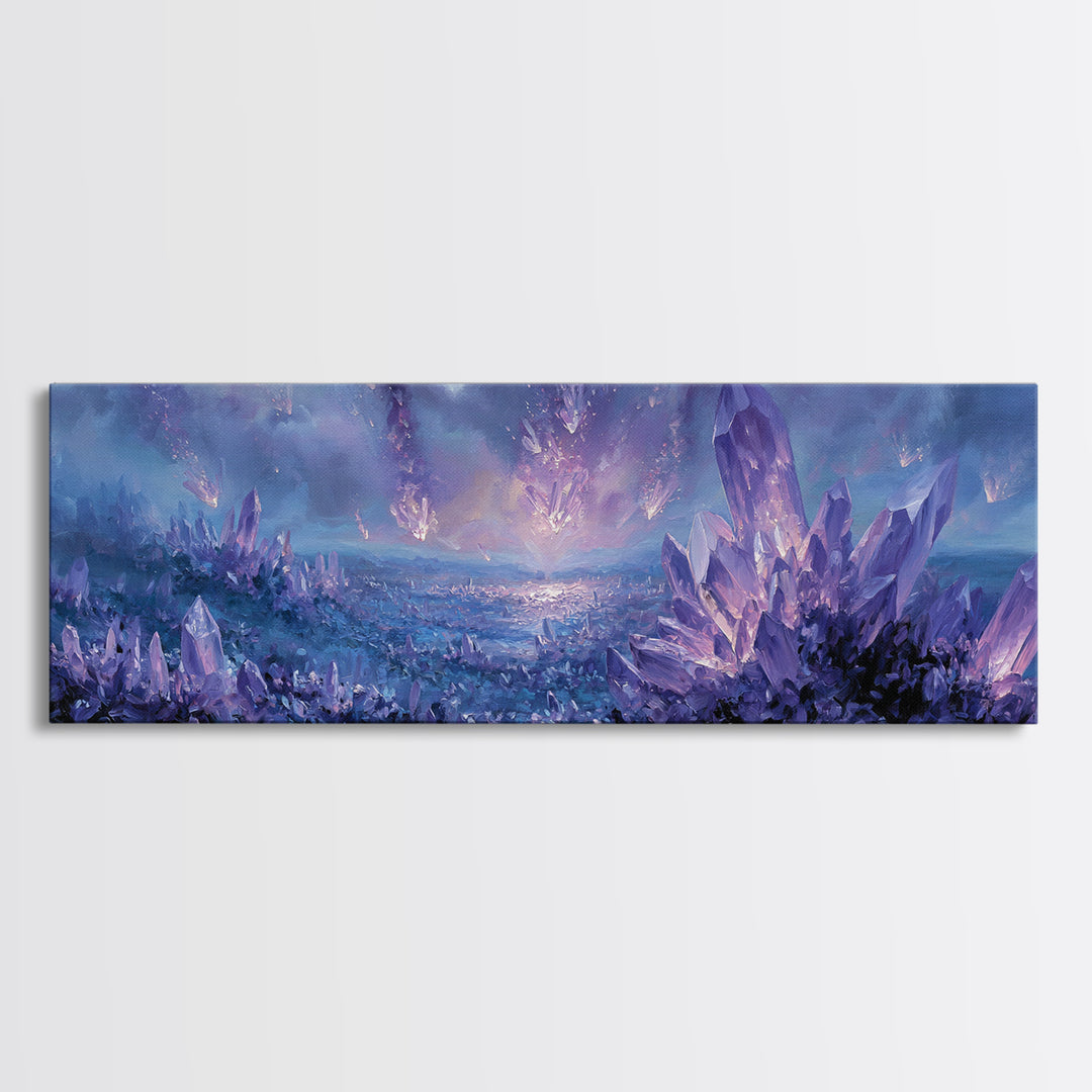 Mystical Purple Crystal Landscape With Falling Crystals Wall Art Framed Canvas Print For Unique Home Decor