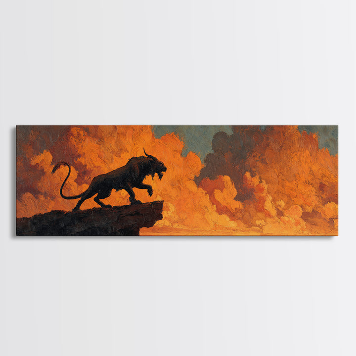 Dramatic Black Panther Silhouette Against Fiery Sunset Sky Landscape Canvas Print For Unique Wall Art Decor